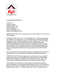 Extrutech Plastics has been Certified ISO 9001-2008 QMS Compliant (6-21-10)