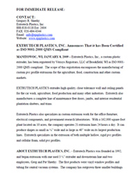 Extrutech Plastics receives ISO 9001-2000 QMS Certification (1-8-09)