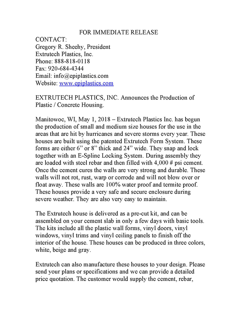 Extrutech 5-2018 FORM House Press Release